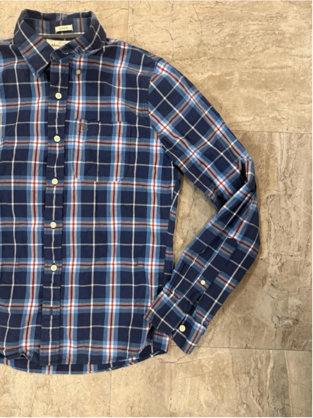 Abercrombie & Fitch Mens Blue Plaid Button Long Sleeve Y2K Moose Logo Muscle M